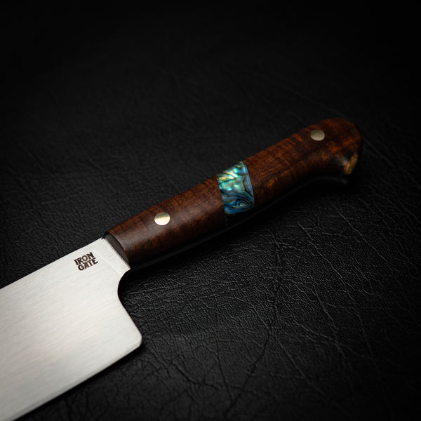 N690 Santoku – Ringed Gidgee with Abalone Inlay & Brass Pins