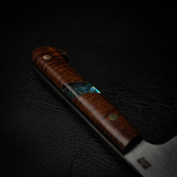 N690 Santoku – Ringed Gidgee with Abalone Inlay & Brass Pins