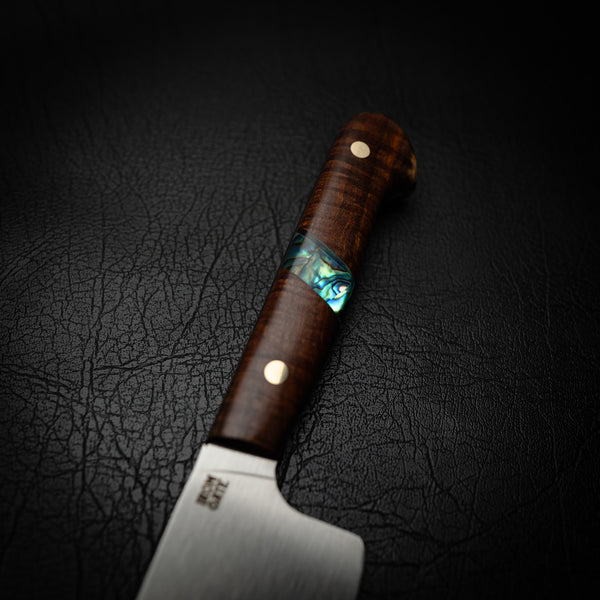 N690 Santoku – Ringed Gidgee with Abalone Inlay & Brass Pins