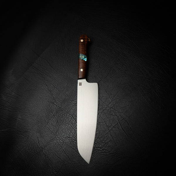 N690 Santoku – Ringed Gidgee with Abalone Inlay & Brass Pins