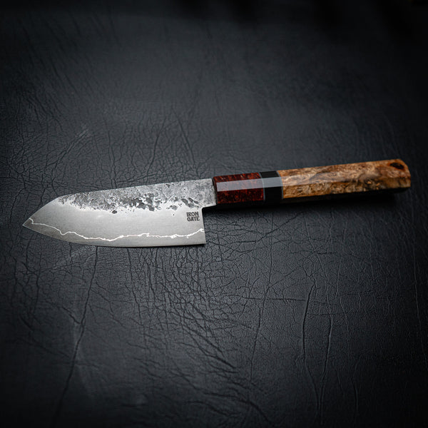 120mm San Mai Santoku – Amboyna Burl & Buffalo Horn