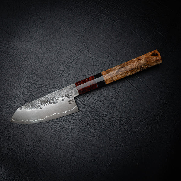 120mm San Mai Santoku – Amboyna Burl & Buffalo Horn