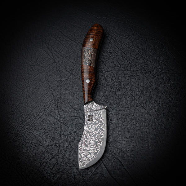 Ergo Skinner – Damascus Steel with Ringed Mulga & Copper Carbon Fiber
