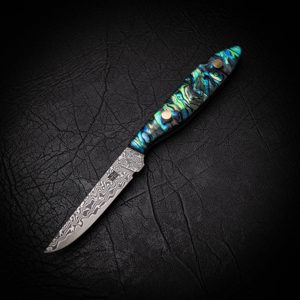 Caping Knife – Damascus Steel with Abalone Shell in Clear Resin