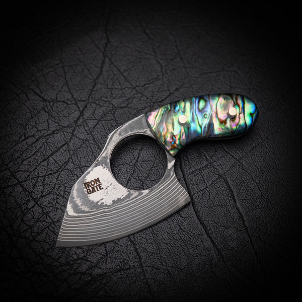 Drop Bear EDC – Damascus Steel with Abalone Shell in Clear Resin