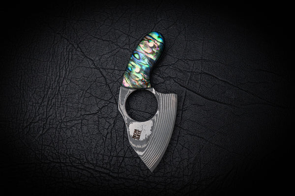 Drop Bear EDC – Damascus Steel with Abalone Shell in Clear Resin