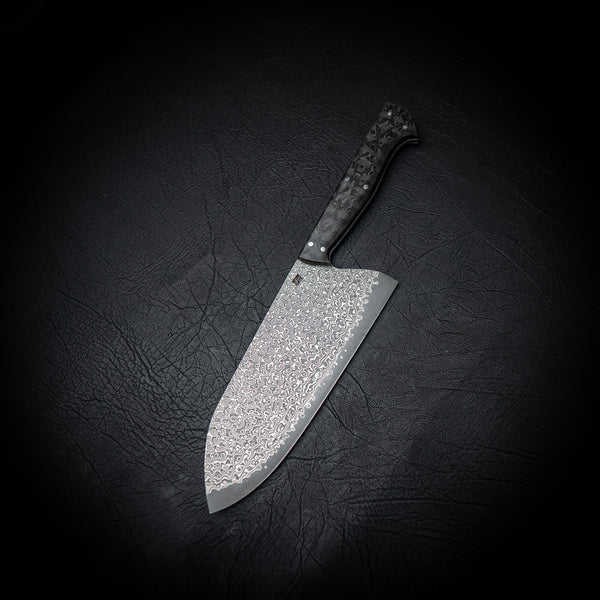 Santoku – Stainless San Mai Damascus with Raindrop Carbon Fiber Handle