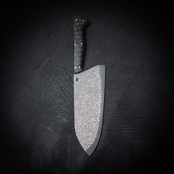 Santoku – Stainless San Mai Damascus with Raindrop Carbon Fiber Handle