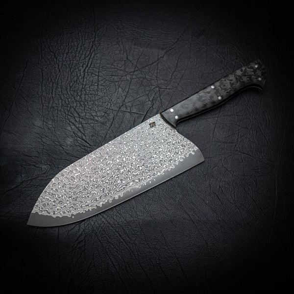 Santoku – Stainless San Mai Damascus with Raindrop Carbon Fiber Handle