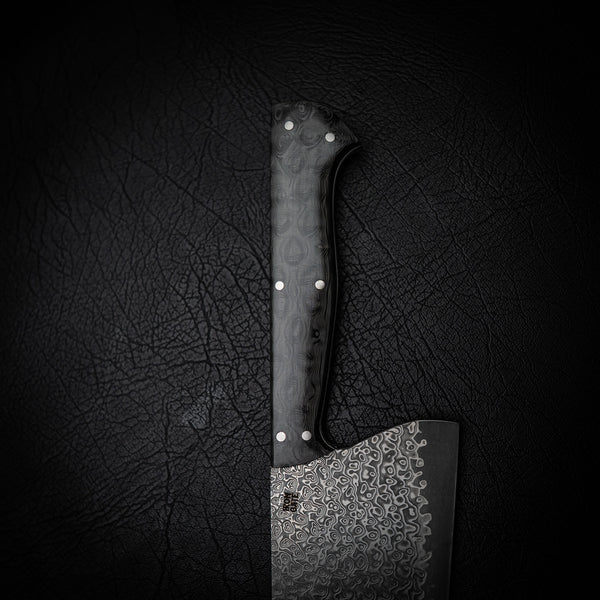 Santoku – Stainless San Mai Damascus with Raindrop Carbon Fiber Handle