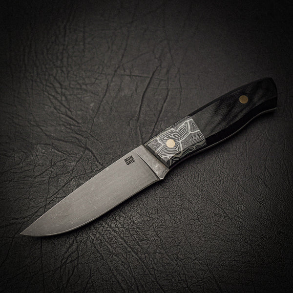 Stonewashed Bushcraft Knife – Stainless Steel & G10 Damascus