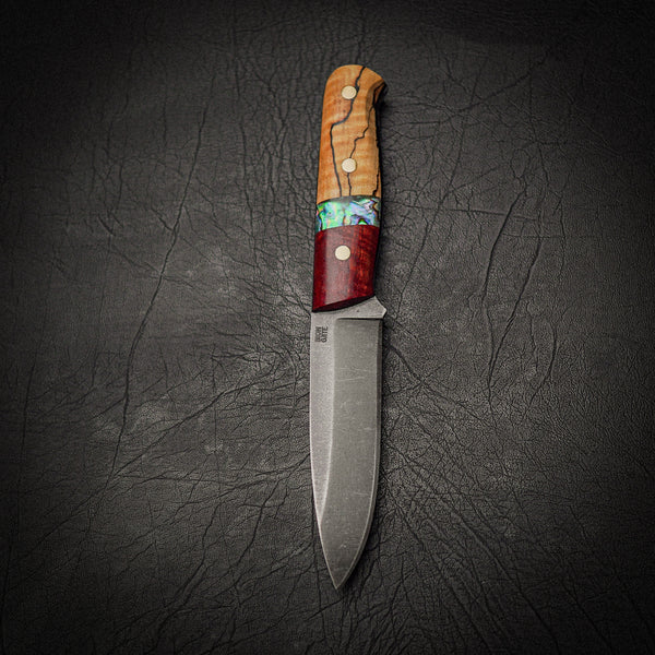 Bushcraft Knife – N690 Steel, Figured River Redgum & Abalone Inlay