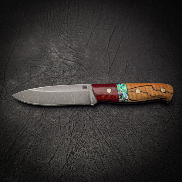 Bushcraft Knife – N690 Steel, Figured River Redgum & Abalone Inlay