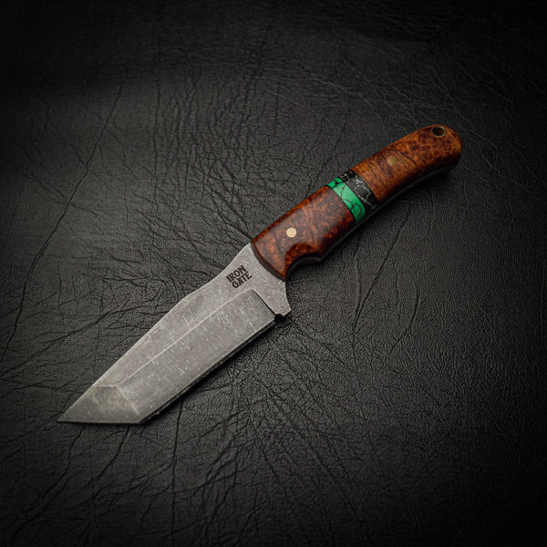 Stonewashed Tanto with Segmented Amboyna Burl Handle
