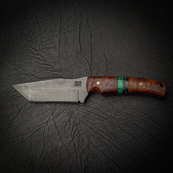 Stonewashed Tanto with Segmented Amboyna Burl Handle