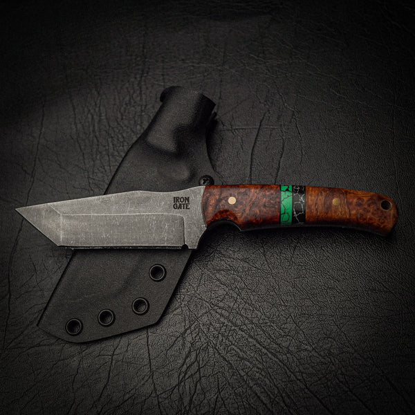 Stonewashed Tanto with Segmented Amboyna Burl Handle