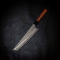 N690 Dark Etched Tanto Kitchen Knife — Amboyna Burl & Ebony
