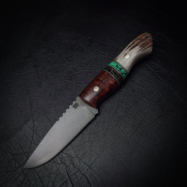 D2 Bushcraft Knife with Ringed Gidgee, Trustone Spacer, and Fallow Deer Antler Handle