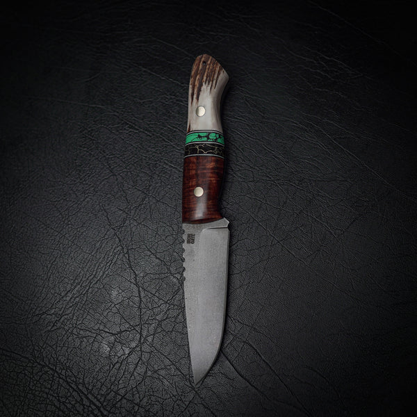 D2 Bushcraft Knife with Ringed Gidgee, Trustone Spacer, and Fallow Deer Antler Handle