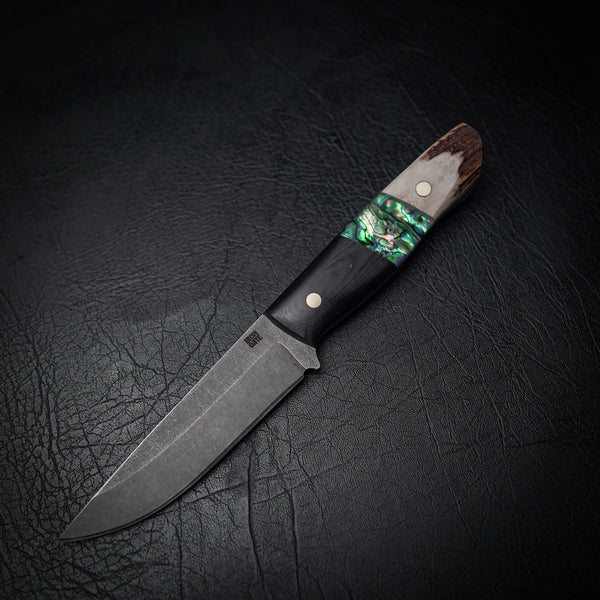 N690 Bushcraft Knife with Black G10, Abalone Inlay, and Deer Antler