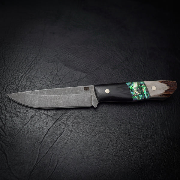N690 Bushcraft Knife with Black G10, Abalone Inlay, and Deer Antler