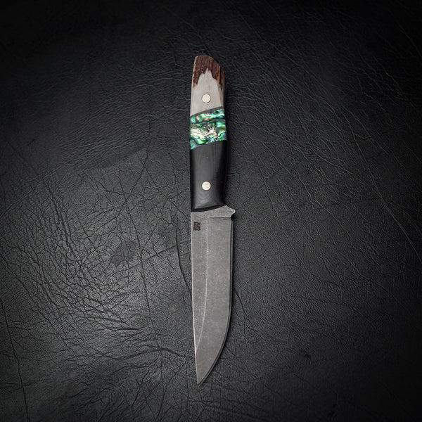 N690 Bushcraft Knife with Black G10, Abalone Inlay, and Deer Antler