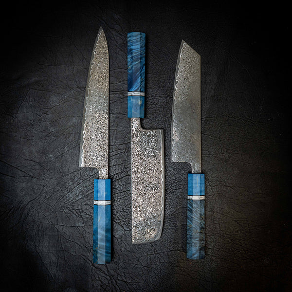 Stainless Raindrop Damascus Kitchen Set — Kiritsuke, Gyuto & Nakiri