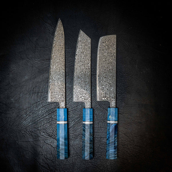 Stainless Raindrop Damascus Kitchen Set — Kiritsuke, Gyuto & Nakiri