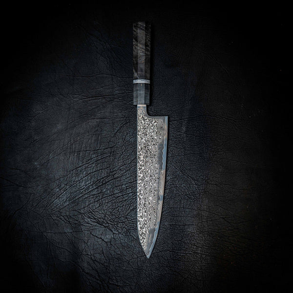 Stainless Raindrop Damascus Gyuto (Chef) — Black Dyed Birch