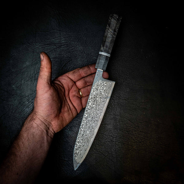 Stainless Raindrop Damascus Gyuto (Chef) — Black Dyed Birch