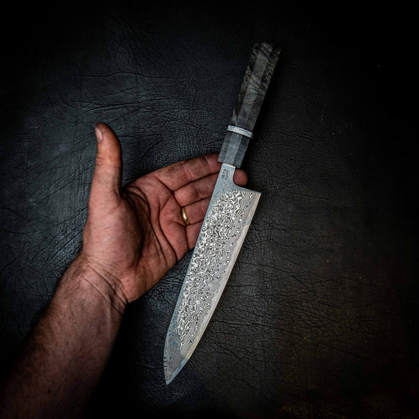 Stainless Raindrop Damascus Gyuto (Chef) — Black Dyed Birch