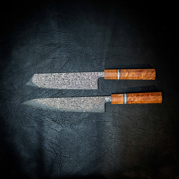Stainless Raindrop Damascus Kitchen Pair — Kiritsuke & Gyuto