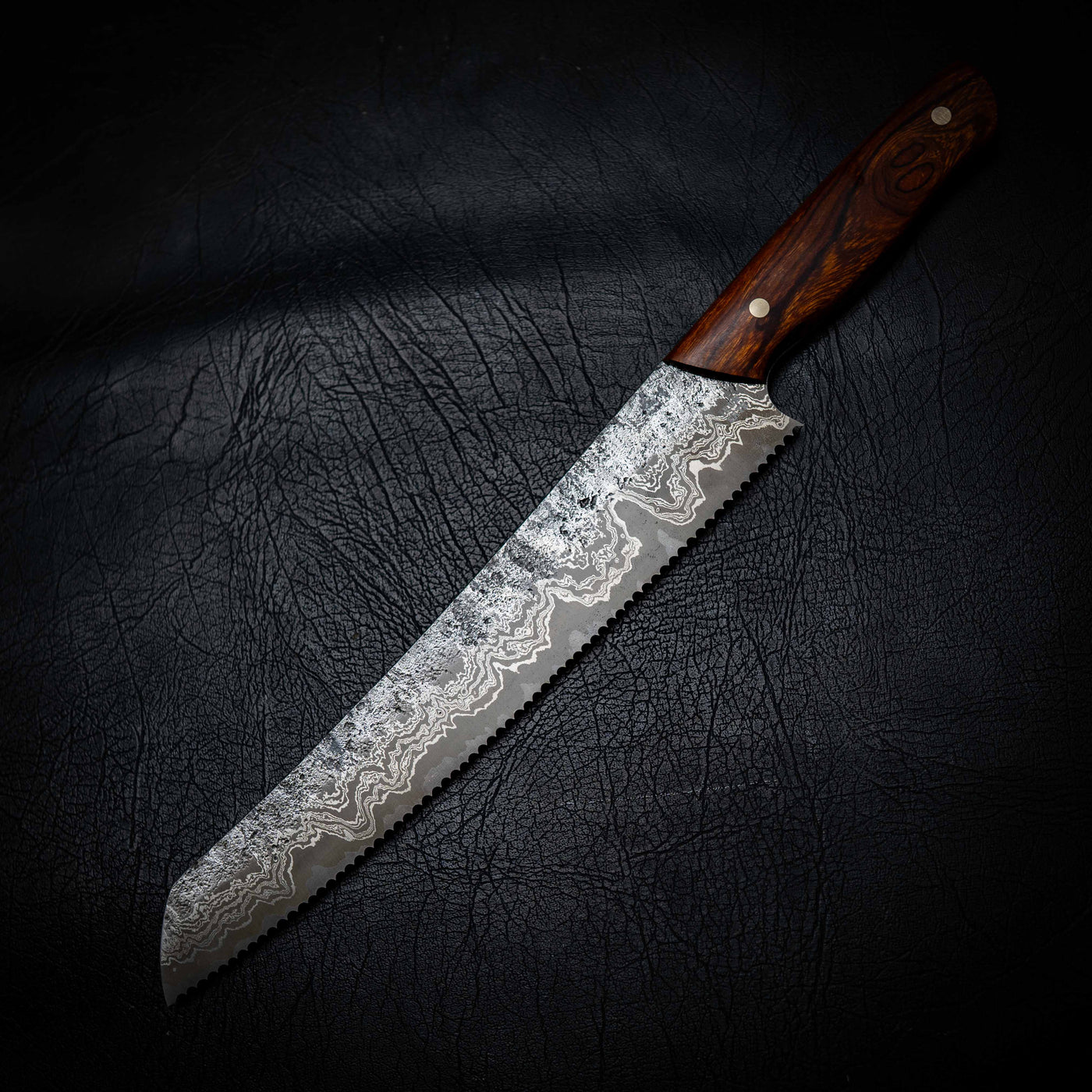 Pre-Order — Bread Knife | Stainless Damascus San Mai, Arizona Ironwood