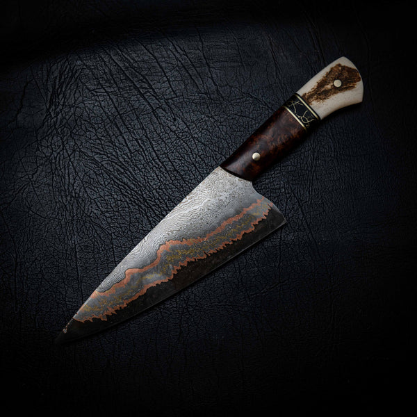 Pre-Order — Chef Knife — Coppermascus San Mai | Amboyna Burl, TruStone & Deer Antler