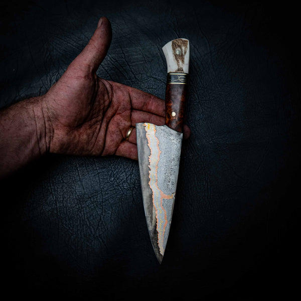 Pre-Order — Chef Knife — Coppermascus San Mai | Amboyna Burl, TruStone & Deer Antler