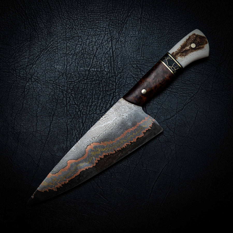 Chef Knife — Coppermascus San Mai | Amboyna Burl, TruStone & Deer Antler