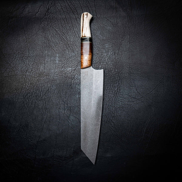 Kiritsuke Knife – Stonewashed N690 | Tassie Blackwood, TruStone & Deer Antler