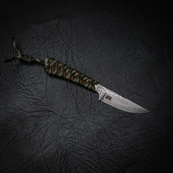 Stainless Ladder Damascus Paracord Utility Knife – Green Camo Wrap
