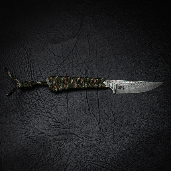 Stainless Ladder Damascus Paracord Utility Knife – Green Camo Wrap