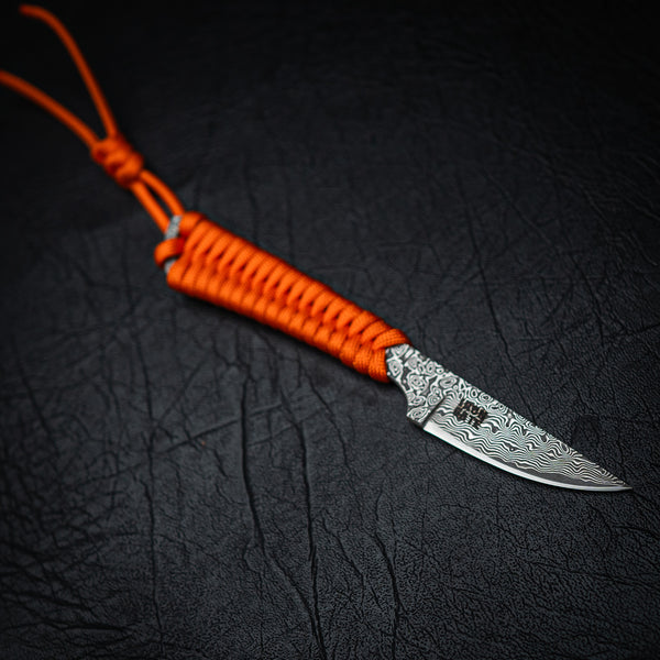 Stainless Raindrop Damascus Utility Knife – Orange Paracord