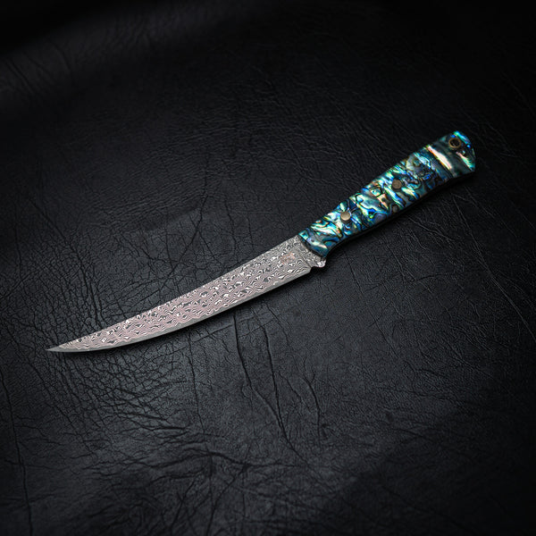 Raindrop Damascus San Mai Boning / Fillet Knife – Abalone Shell Handle