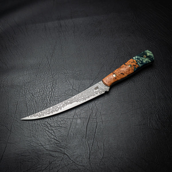 Stainless Raindrop Damascus San Mai Boning Knife – Amboyna Burl Handle