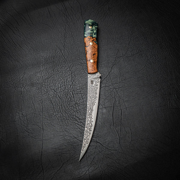 Stainless Raindrop Damascus San Mai Boning Knife – Amboyna Burl Handle