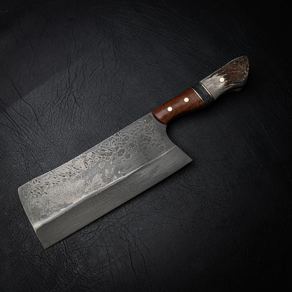 Giant 80CrV2 Carbon Steel Cleaver – Figured Western Myall, TruStone & Deer Antler Handle