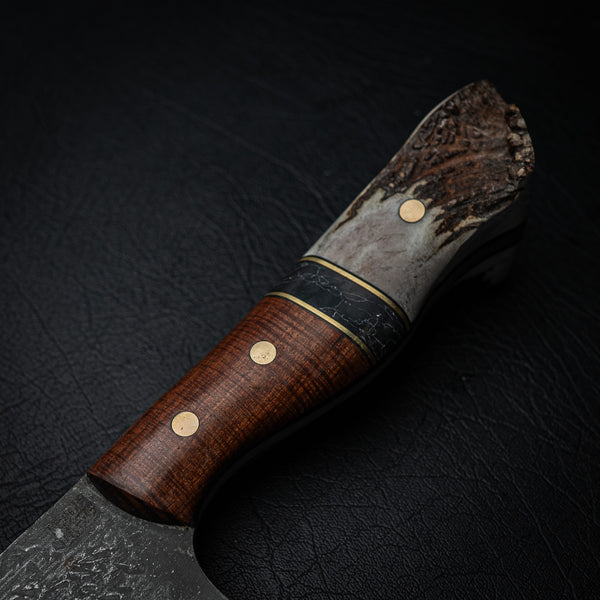 Giant 80CrV2 Carbon Steel Cleaver – Figured Western Myall, TruStone & Deer Antler Handle