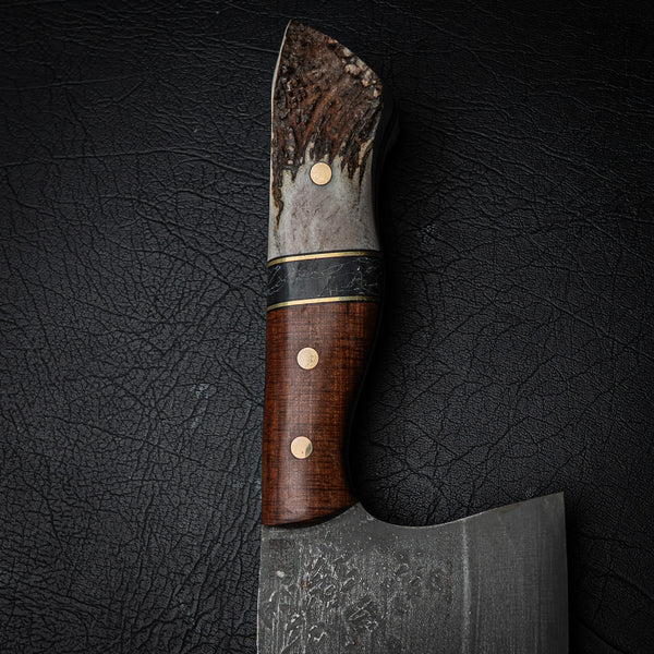 Giant 80CrV2 Carbon Steel Cleaver – Figured Western Myall, TruStone & Deer Antler Handle