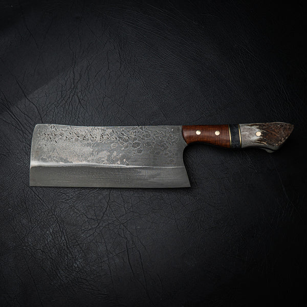 Giant 80CrV2 Carbon Steel Cleaver – Figured Western Myall, TruStone & Deer Antler Handle