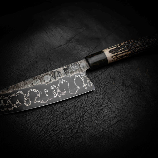 Gyuto | 52100 San Mai, Dyed Curly Birch & Deer Antler