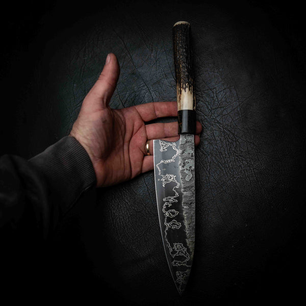 Gyuto | 52100 San Mai, Dyed Curly Birch & Deer Antler