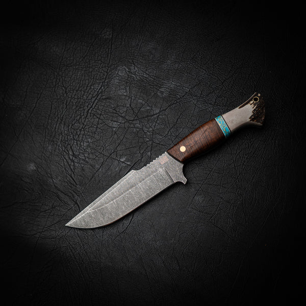 Hunter Knife – Ringed Gidgee, Blue & Brass TruStone, and Deer Antler
